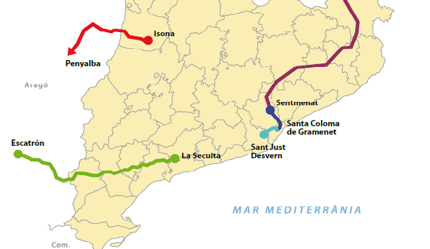 Projecció de les futures línies de MAT a Catalunya, segons l'esborrany de planificació energètica 2012-2020 del Ministeri d'Industria.